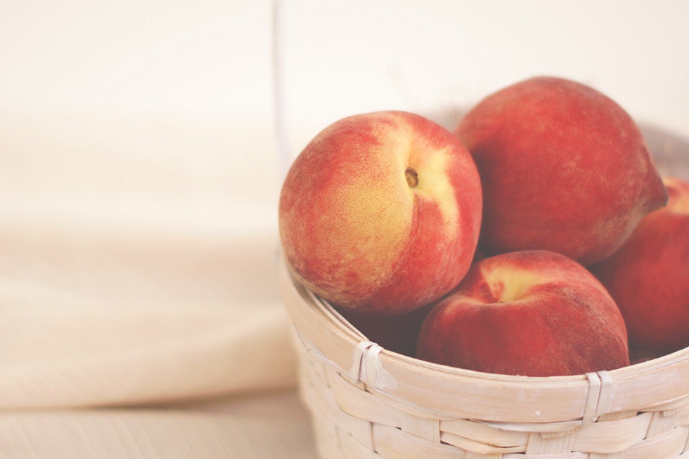 Peach Basket Photo, Food Photography, Peaches Still Life, Cottage Chic,  Kitchen Decor, Dining Room Decor, Fine Art Photography Wall Print