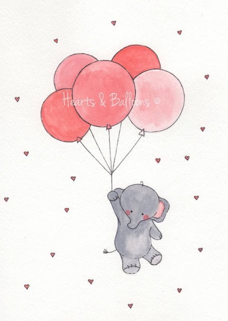 Childrens art Elephant Balloons watercolour painting PRINT 8 x 10 Up up and away Elephant Pink Red Hearts Love Happy Cute Boy Girl