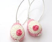sweet pink tea rose polymer clay tear drop earrings - sterling silver almond ear wires