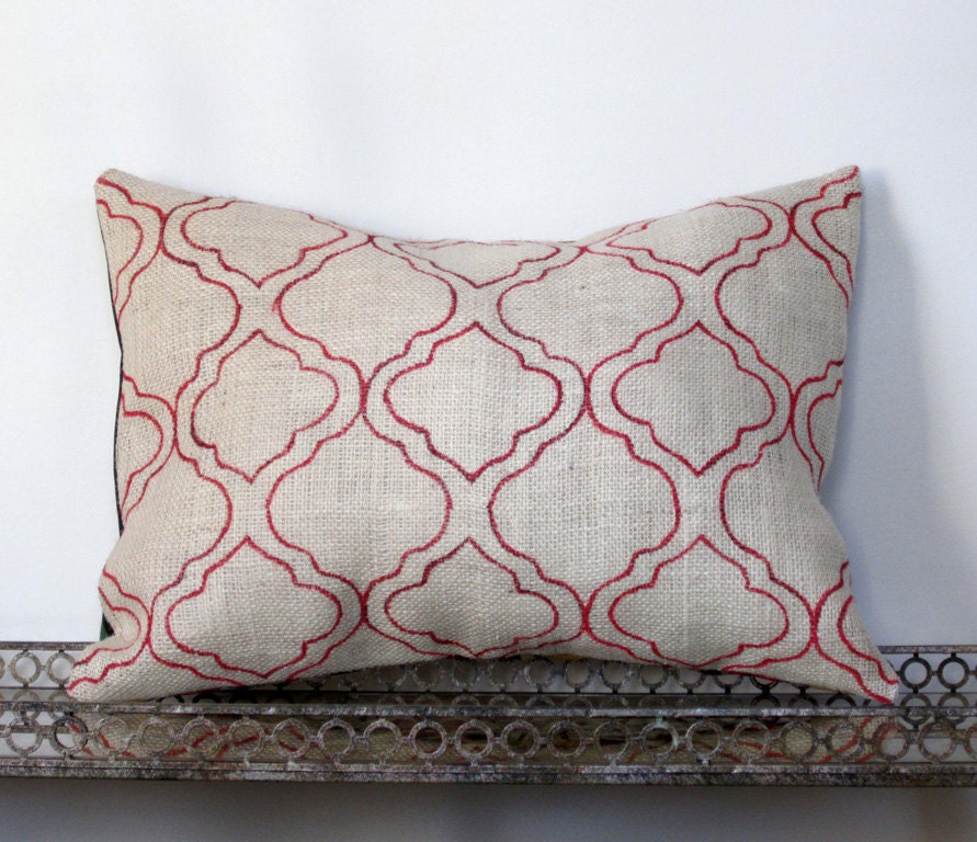 Red Retro Modern Marrakesh Lattice Burlap Lumbar Decorative Throw Pillow Cover w Stripes- Red, Green, Black, Mustard 14x18 Burlap Lumbar