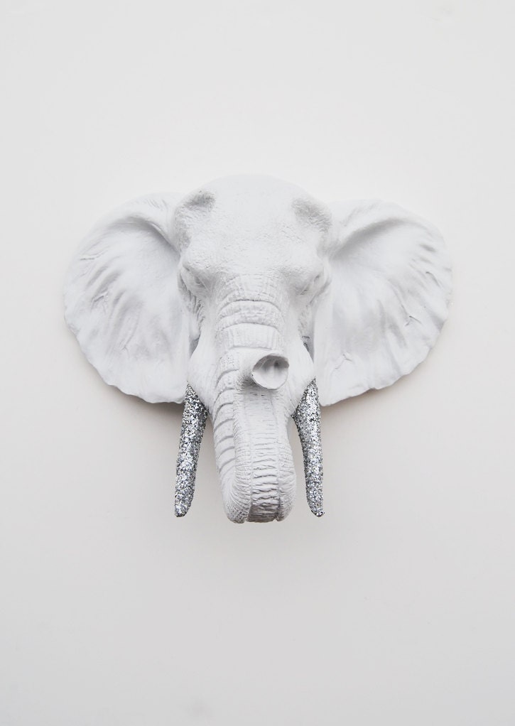 Faux Taxidermy - The Madeleine - White Resin Elephant Head w/Silver Glitter Tusks - Resin White Faux Taxidermy- Chic & Trendy