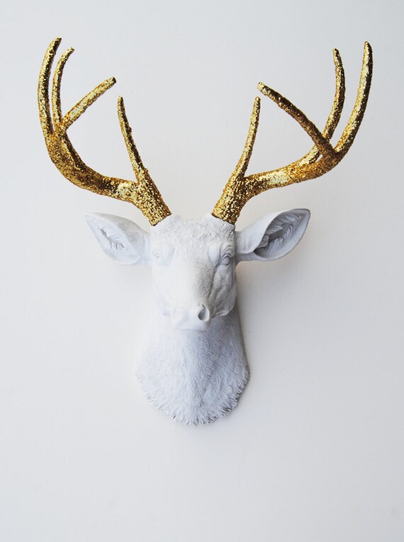 Gift Ideas for Him Her & Couples - White Faux Taxidermy - The Winston - White W/ Gold Glitter Antlers Resin Deer Head