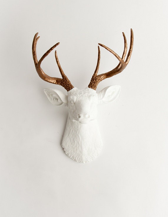 Faux Taxidermied - The Lydia- White W/ Bronze Metallic Antlers Resin Deer Head- Stag Resin White Faux Taxidermy- Chic & Trendy