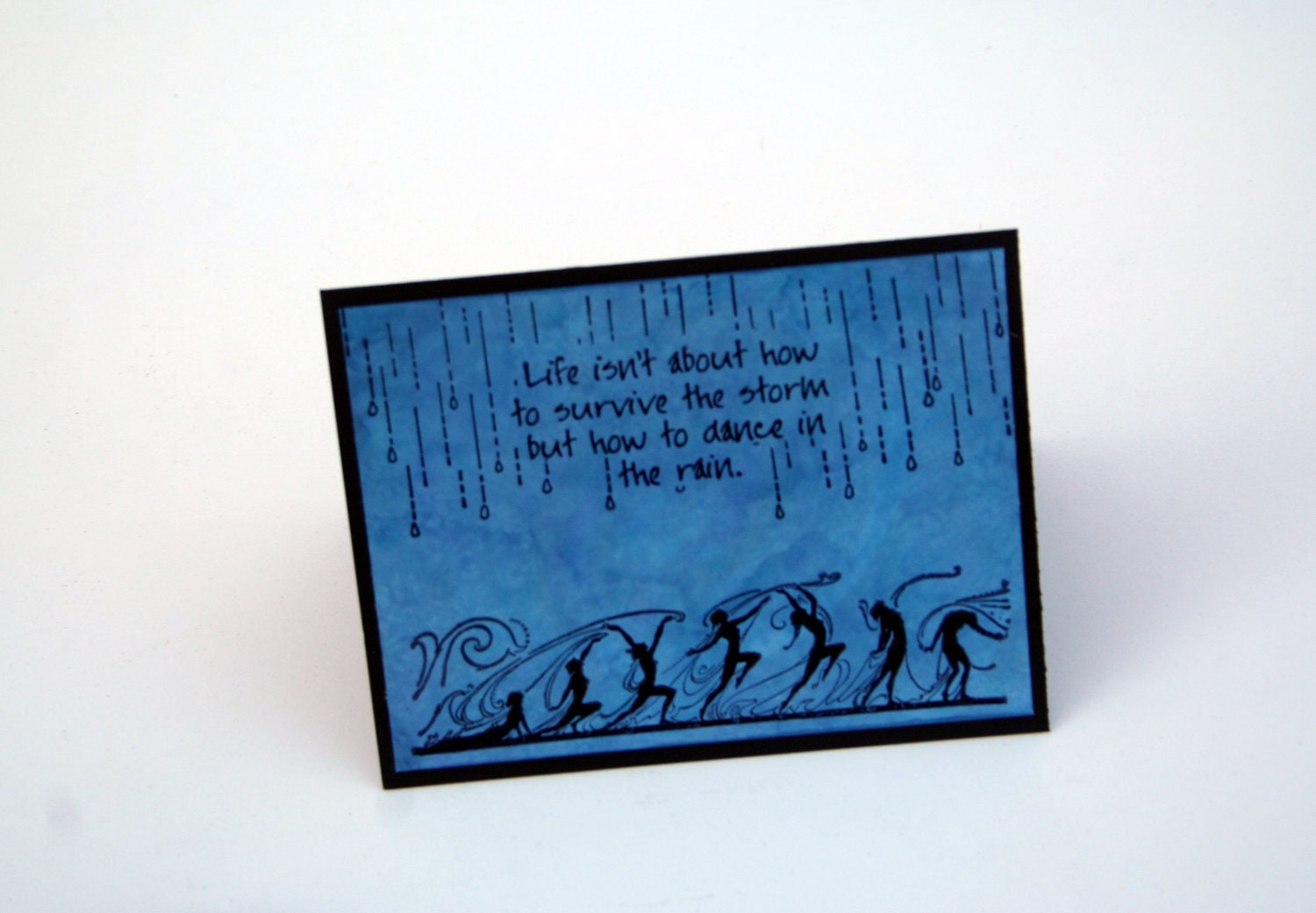 Rain Dance Note card, Black and Blue, Stamped Greeting Card, dance in the rain blank card, notecard, Dancers, friendship card