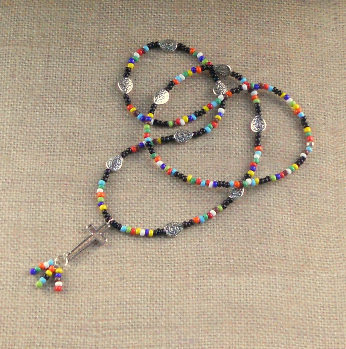 Boho Cross Multicolor Long Beaded Necklace Silver Hippie Love Beads Tassel Bohemian Modern Christian Paisley Fashion Jewelry Gift Teen Girls