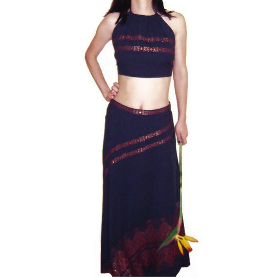 Maxi cotton skirt & top - boho - woven - embroidery - blue, red and gold - ooak