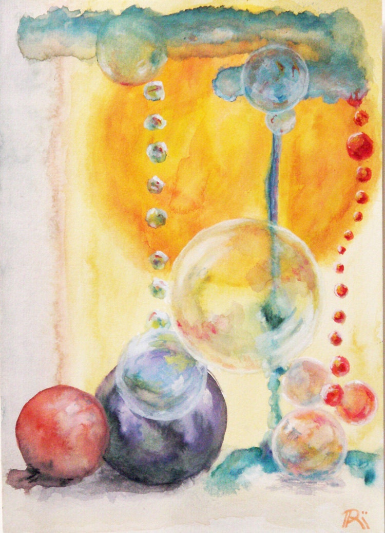 Kids wall art Original watercolor painting colorful abstract Playful bubbles Vibrant rainbow and candy colors 7"x10"
