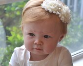 20% off entire order, Ivory Shabby Flowers Skinny Headband with Pearl Rhinestone, Newborn Headband, Toddler Headband, Baby Girl Photo Prop.