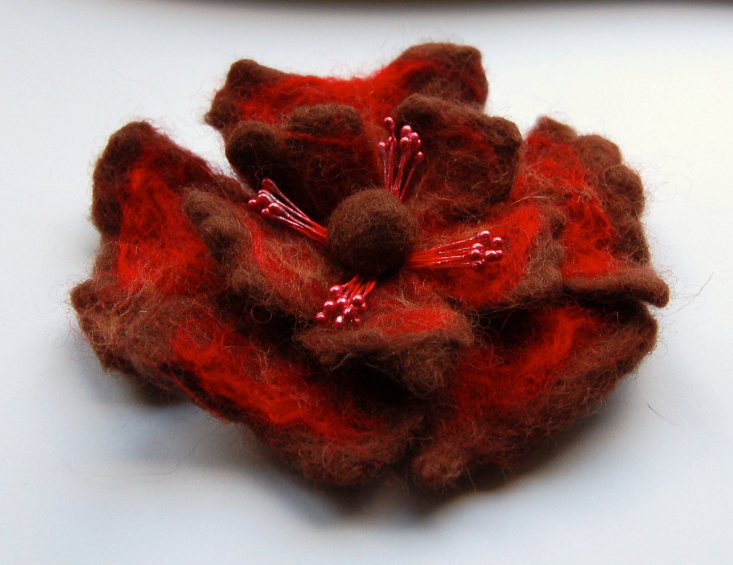 Felted flower brooch, wet felted wool flower, brown and red