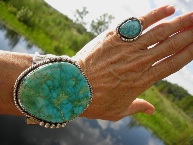 Gigantic Navajo Cuff Bracelet Jewelry-  Massive Colossal Huge Turquoise Mountain Cuff signed "M"