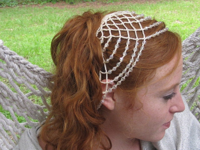 Bridal Headpiece Veil Cream Crochet Beaded Head piece Belly Dance Headdress for Brides by theyellowtulip