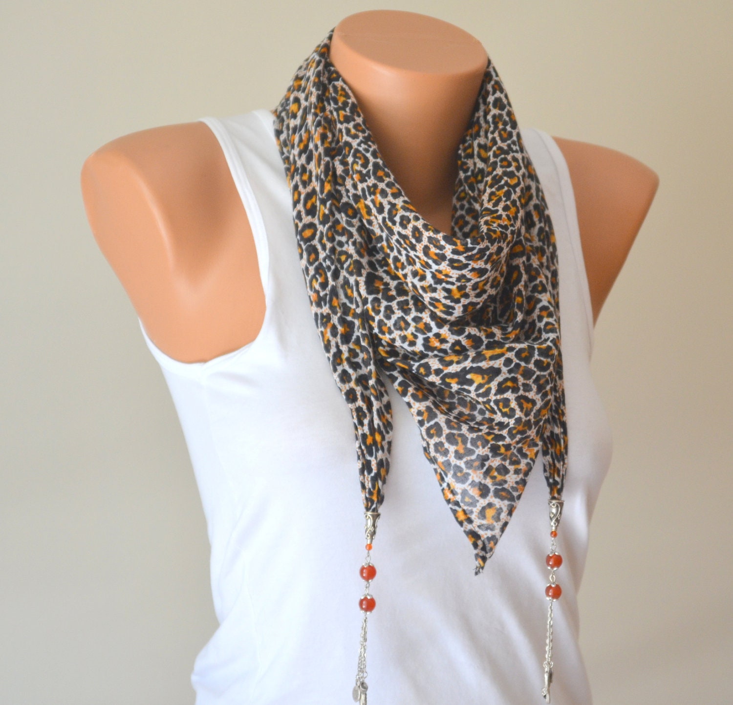 Animal print tringle cotton scarf with carnelian gemstones and tibetan silvers headband summer dress birthday gifts mother's day gift