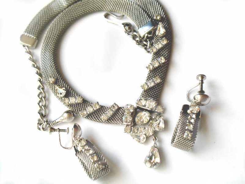 1950s Wedding Set Necklace and Earrings Rhinestone Mesh Vintage Demi Parure Collectable Jewelry Modern Wedding Bridal
