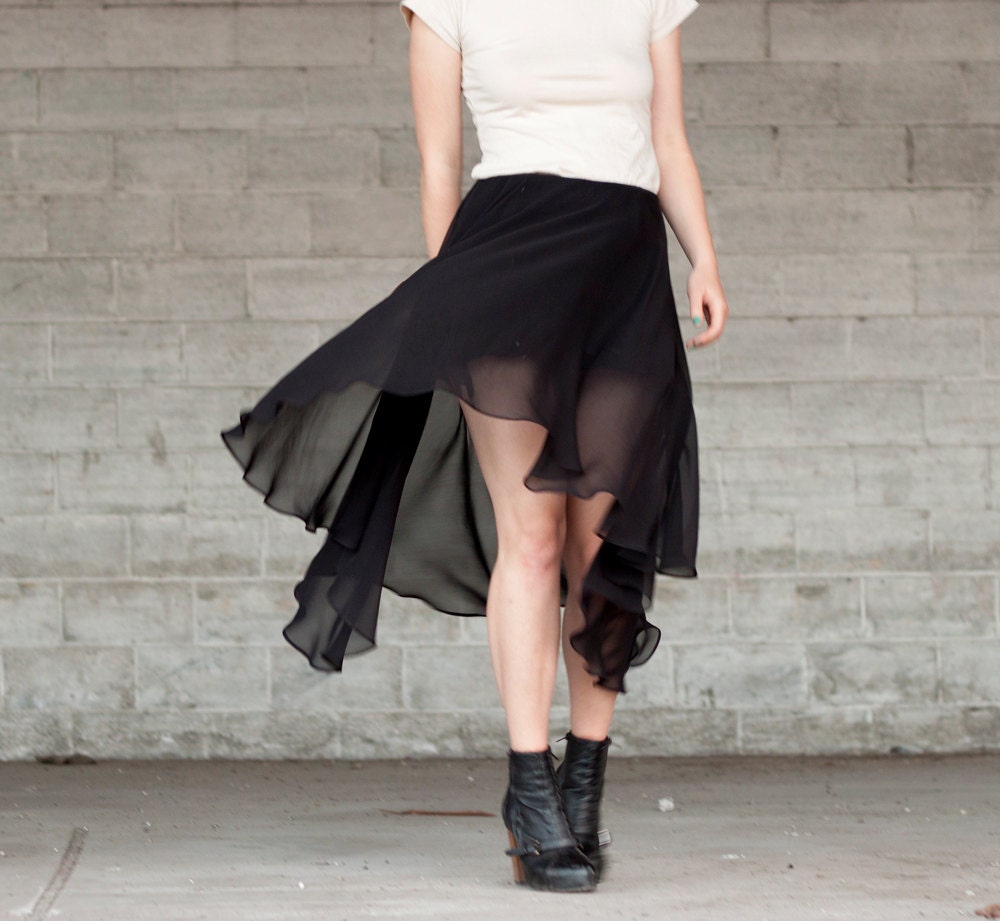 Hi lo hem skirt - storm black sheer silk chiffon, modern minimalist fashion - medium - murmuration