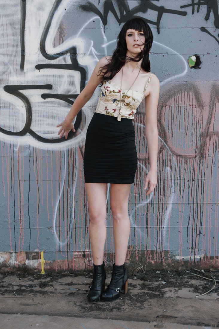 Womens mini skirt - sexy night black with pleated jersey structure, party clothes grunge punk fashion - large