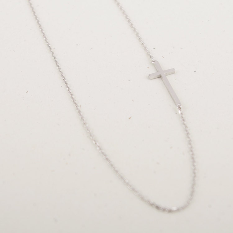 Off centered Sideways Cross Necklace In Silver