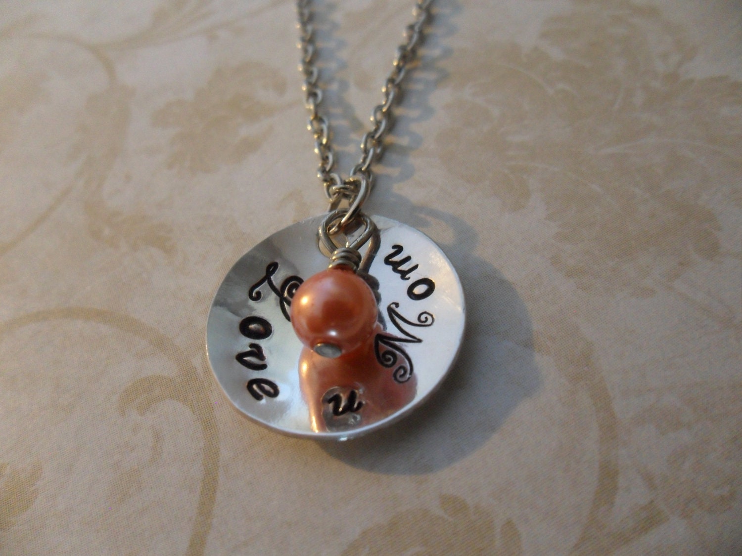Love You Mom Silver Cup with Peach Pearl Necklace