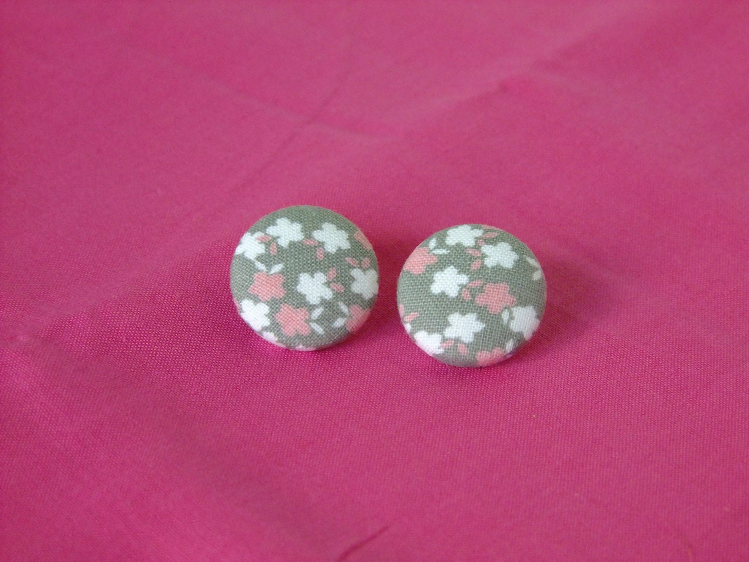Grey fabric button earrings small white pink flowers round handmade post for pierced ears