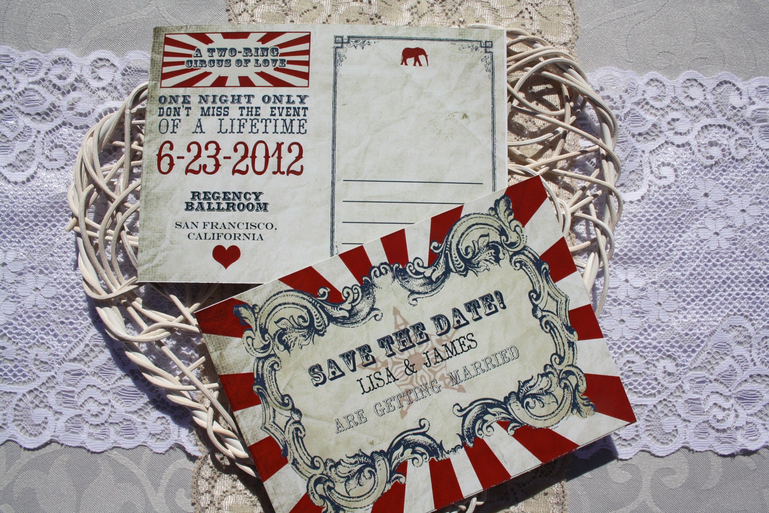 Vintage Carnival Wedding Save the Date Postcard (Gorgeous Circus INSTANT DOWNLOAD Printable) Red, Blue and White