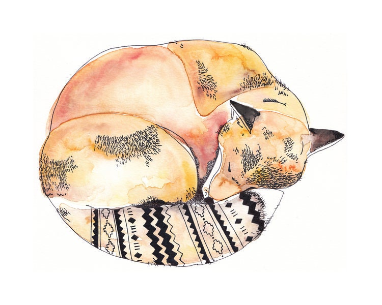 Sleeping Fox Watercolour art print with tribal navajo mexican pattern tail