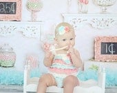 Petti Romper Headband SET,  Coral, Mint, Ivory Lace romper & baby headband, hair bow, outfit, pettiromper girl