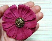 Magenta Hair Accessory, Fuchsia Fascinator, Flower Clip Hot Pink, Vintage Gold Sunburst Button, Small Fascinator - "Starlight Sunset"