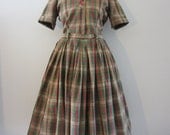 50s Plaid Day Dress w/ Full Skirt in Brown, Green and Red, XS-S // // 2-Piece Dress // Vintage Western Pin-up Dress