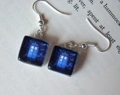 Doctor Who Tardis, Glass Tile Earrings, Glass Tile necklace. Silver plated Findings. Photo Art