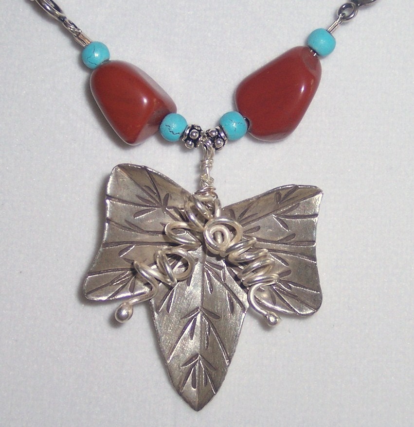 Leaf pendant Necklace, Silver leaf pendant and red coral nuggets, necklace & red coral nugget