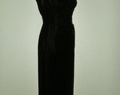 Black Velvet Full Length Sleeveless Boatneck Column Dress - Vintage 1950s - Petite
