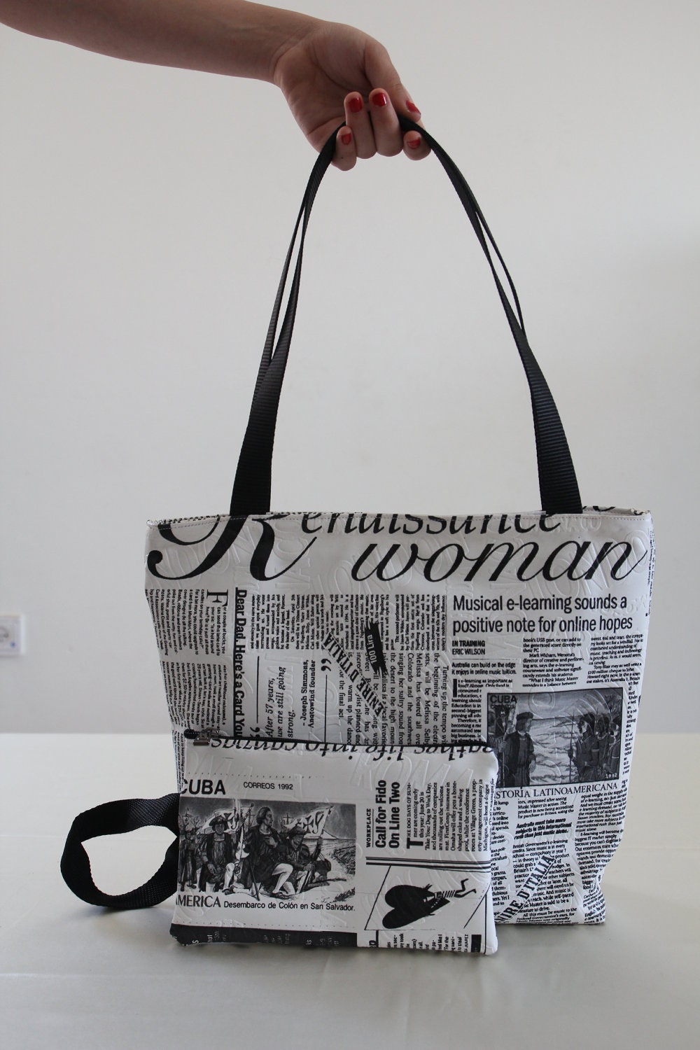 Tote bag, newspaper print, white black color, messenger bag,clutch - KishaDesigns