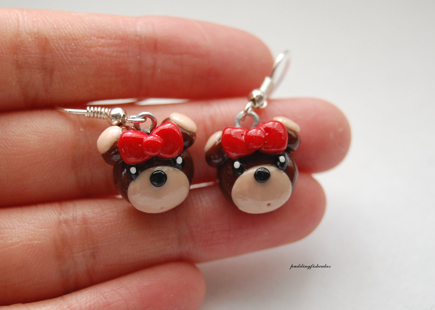 Girly Bear Earrings, Polymer Clay, Silver Plated Dangling Hooks
