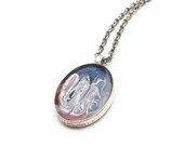 Oval blue red white antique silver resin pendant abstract