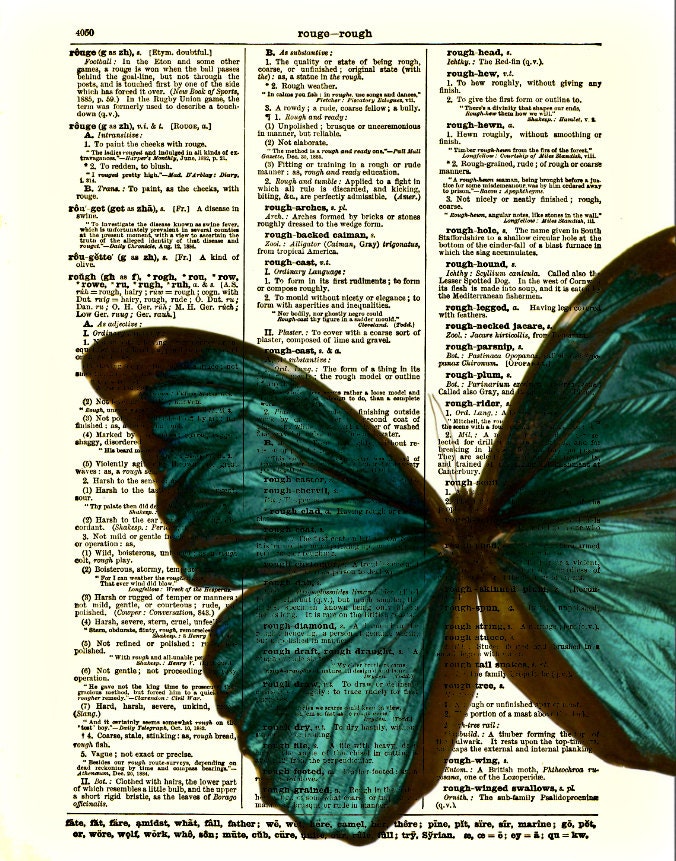 Blue Green Butterfly Dictionary Art Print, Wall Decor, Emerald Butterfly Art, Home Decor, Art Page