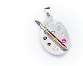 Artist's Paint Palette Pendant. Silver Paint Palette with Mokume Gane Brush and Colorful Cubic Zirconias. One of a kind. Unique.