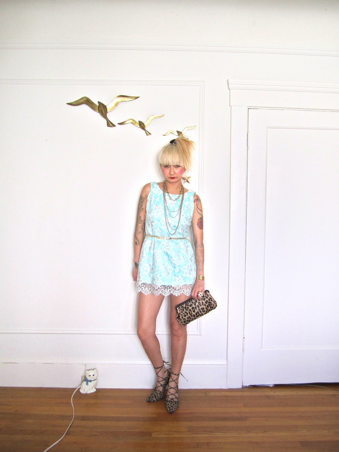 VTG 1950s 50s White Floral Lace layer Teal coctail party x back mini Dress - Fits XS Small