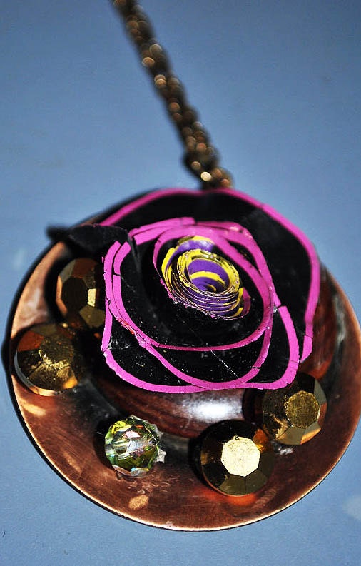 Vintage Copper Necklace-Chain Copper Pendant-Hand Turned Flower From Pencil Shavings