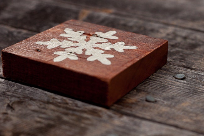 Hand-Painted, Reclaimed Wood Tiles - Black Letters "CHRISTMAS" and White "Snow Flake" - thewoodsmanshop
