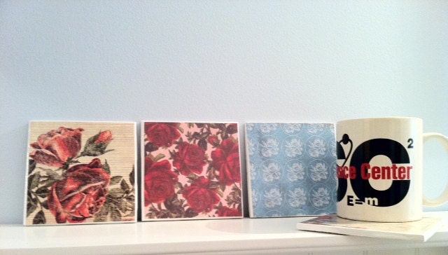 Set of 4 Handmade One of a Kind Up-cycled Rose/Floral Vintage Patterns Ceramic Coasters with cork backing