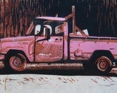 Pink Truck woodcut print