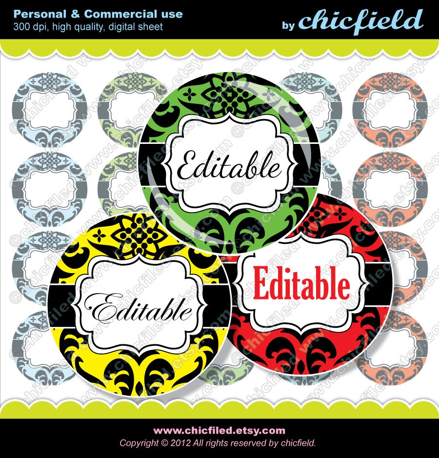 Editable JPG Bottle cap images Colorful Damask patterned graphics 1" circles Printable 4x6" elegant Damask Digital Collage Sheet cf00006-11d