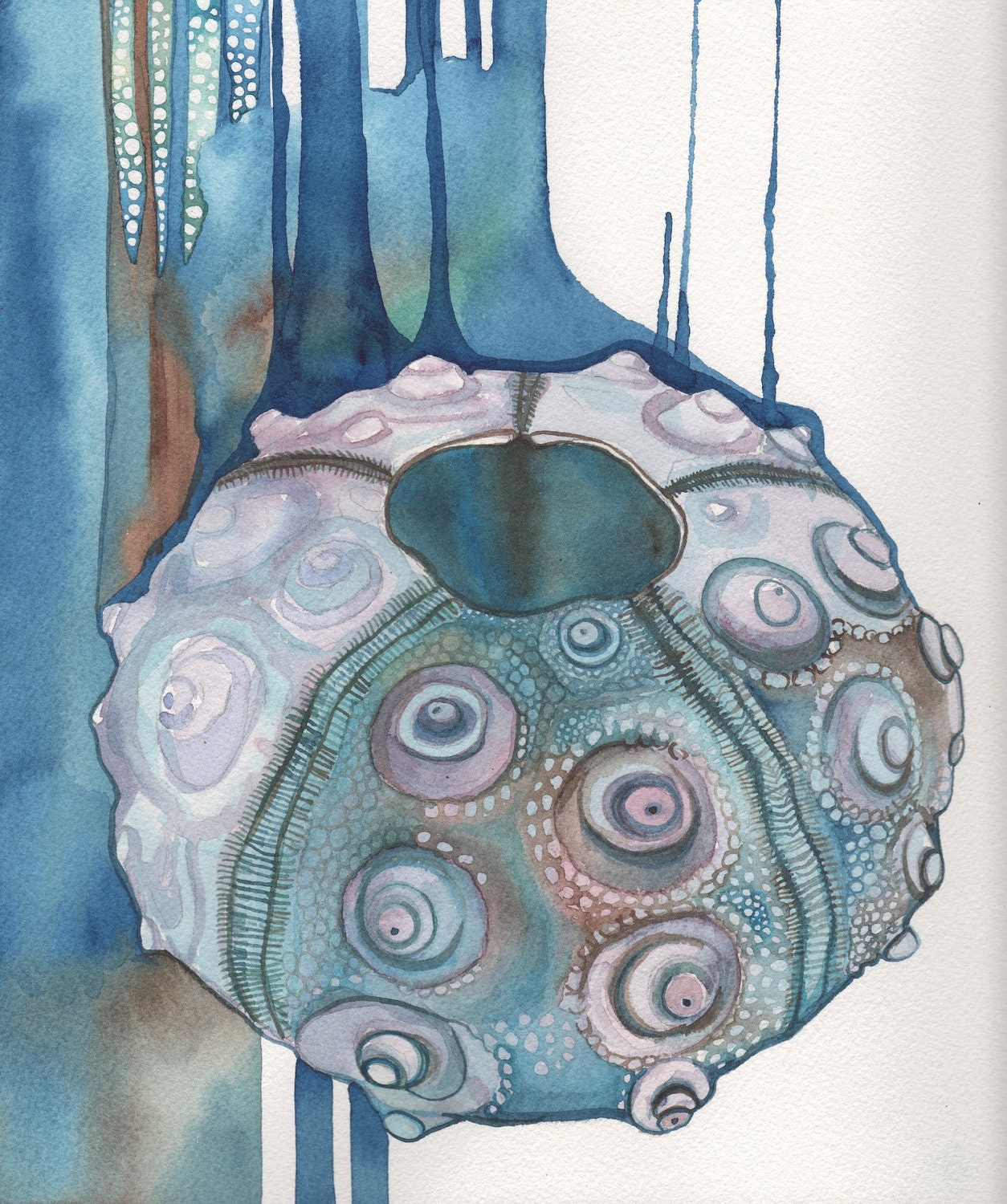 Watercolour Sputnik Sea Urchin shell 8.5 x 11 print of detailed artwork with whimsical surreal blue green brown aqua teal earth tones - DeepColouredWater