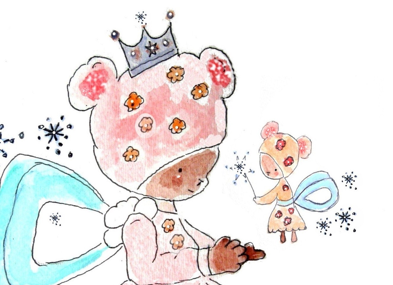 Children's Art Nursery Print, Girl Wall Art, Princess Fairy Bears, 8x10