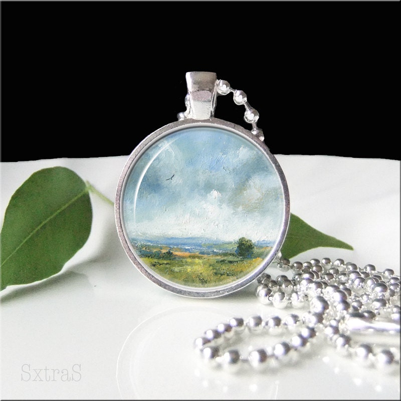 Country Pendant Charm, Resin Pendant, Bright Silver, Clouds and Country Blue Art Pendant, with chain