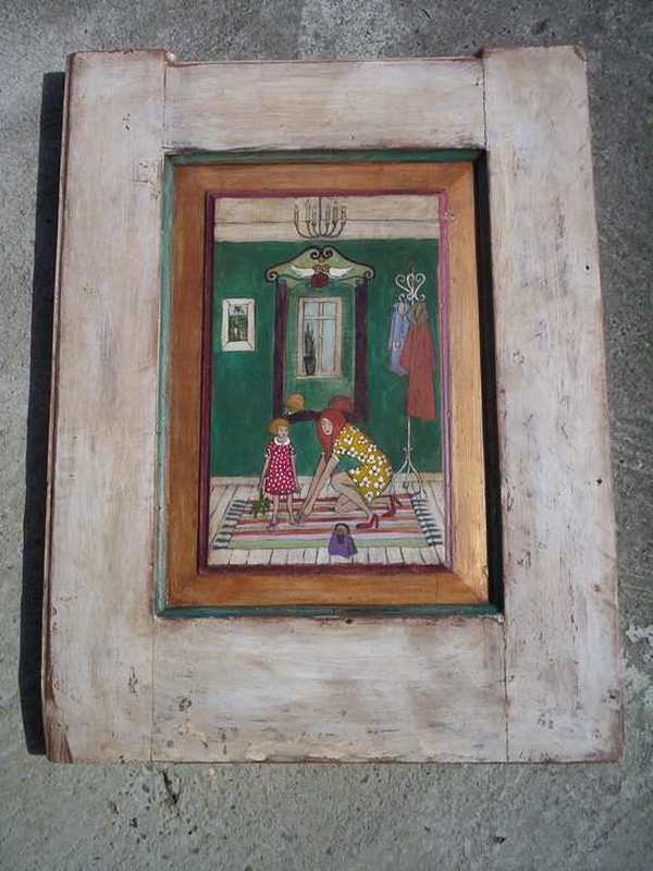 Mother and Daughter Large Rustic Picture on Old Wooden Door Original Wall Hanging Home Decorative Acrylic Painting Art