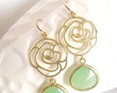 Mint Green Gold Earrings Rose Bud Flower Dangle Drop Pendant - Wedding Flower - 14 karat Quartz Gem - Bridal Jewelry - Bridesmaid Gift
