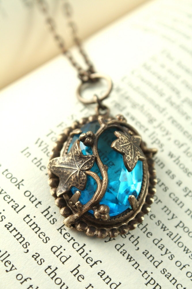 Vintage Tooled Brass "Reflection Pool" Arts and Crafts Czech Glass Necklace