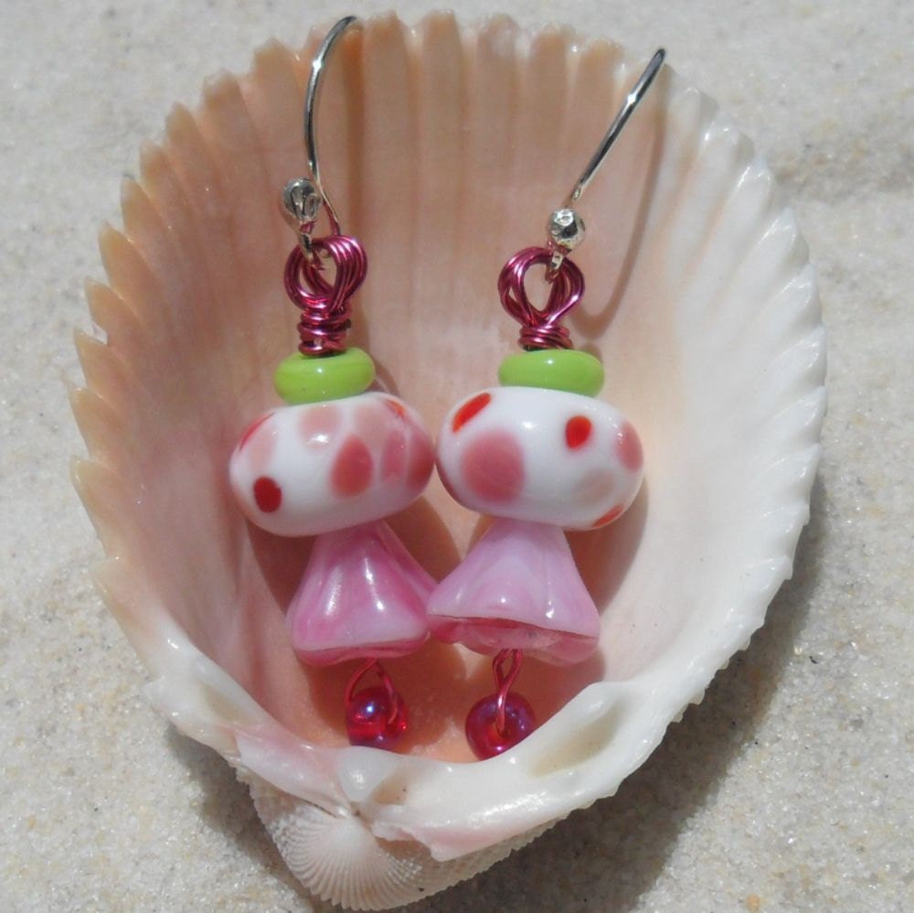 Lampwork Earrings, Pink Flower Fairies, Handmade SRA LETEAM Glassymom