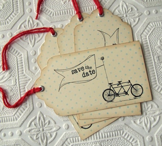 Vintage Wedding Save the Date Hinged Shipping Tags Tandem Bicycle