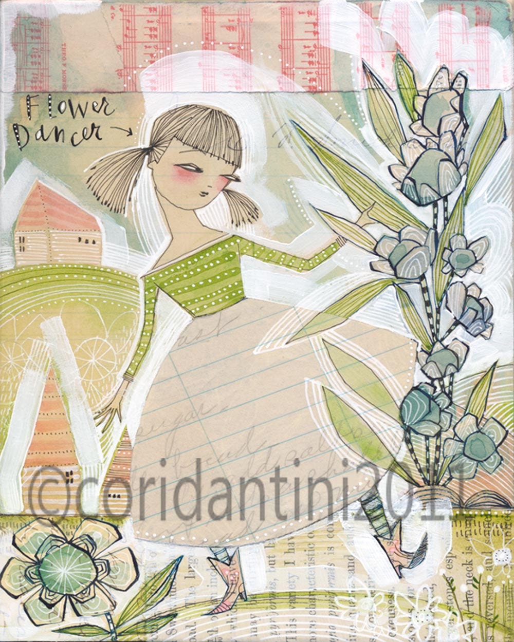 watercolor portrait of a girl dancing with flowers - an 8 x 10 archival limited edition print  by cori dantini